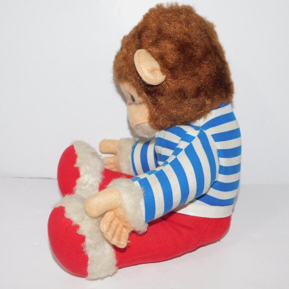 Vintage 15" Plush Stuffed Monkey In Blue White Striped Shirt Red Pants Chimp Ape - Picture 4 of 6